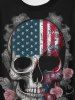 Gothic Patriotic American Flag Skull Rose Print T-shirt -  