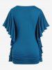 Plus Size Butterfly Sleeves Flounce Ruched Solid Surplice Tee -  