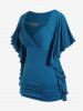 Plus Size Butterfly Sleeves Flounce Ruched Solid Surplice Tee -  
