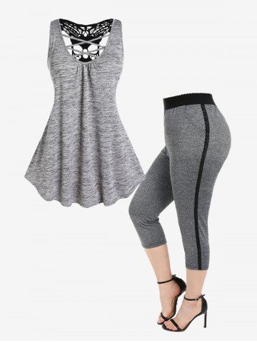 Space Dye Lace Panel Crisscross Tank Top and Capri Leggings Plus Size Summer Outfit - GRAY