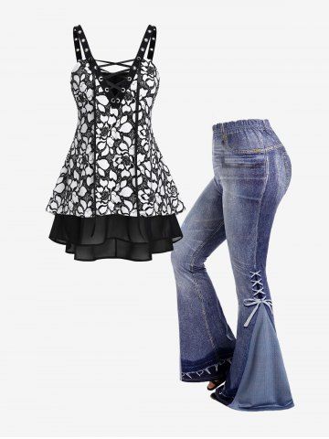 Floral Mesh Panel Layered Lace-up Tank Top and 3D Jeans Pull On Pants Plus Size Summer Outfit - MULTI