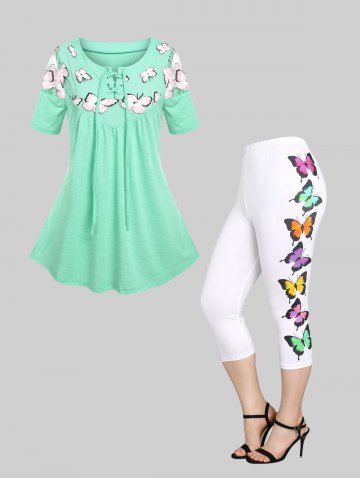 Butterfly Embroidery Mesh Insert T Shirt and Capri Leggings Plus Size Outfits