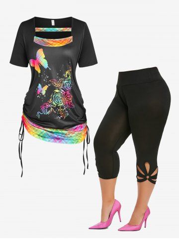 Cinched Flower Butterfly Print T-shirt and Capri Metal Ring Cut Out Leggings Plus Size Outfits