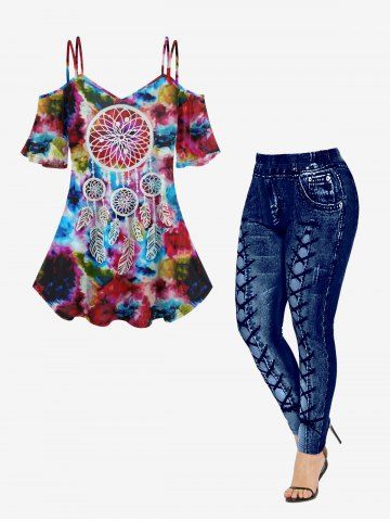 Ink Dreamcatcher Printed Open Shoulder Tee and 3D Denim Printed Leggings Plus Size Outfits