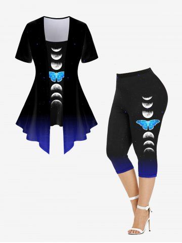 Moon Butterfly Ombre Short Sleeves 2 in 1 Tee and Capri Leggings Plus Size Outfits - BLUE