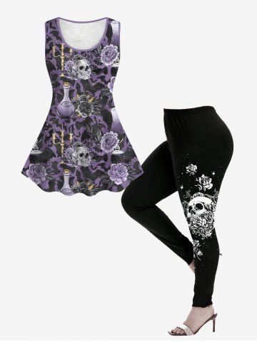Gothic Bat Rose Skull Print Lace Panel Tank Top And Gothic Side Rose Skull Print Leggings Gothic Outfit