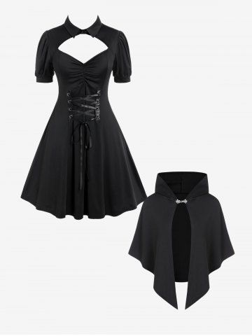 Gothic Cutout Lace Up Ruched Shirted Collar A Line Dress And Gothic Hooded Asymmetrical Cape Gothic Outfit - BLACK