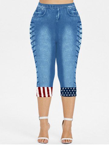 Plus Size 3D Jeans Lace-up American Flag Printed Patriotic Capri Leggings