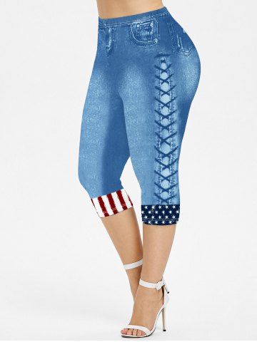 Plus Size 3D Jeans Lace-up American Flag Printed Patriotic Capri Leggings