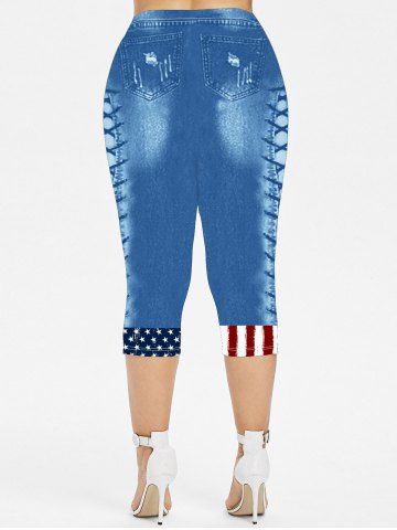 Plus Size 3D Jeans Lace-up American Flag Printed Patriotic Capri Leggings