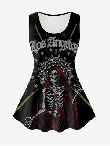 Gothic Skeleton Los Angeles Graphic Lace Panel Tank Top - BLACK - 3X | US 22-24