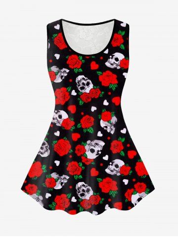 Gothic Skull Rose Heart Print Lace Panel Tank Top - RED - 1X | US 14-16