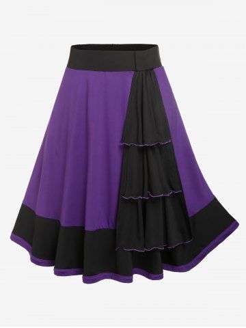 Plus Size Colorblock Layered A Line Midi Skirt - PURPLE - 4X | US 26-28