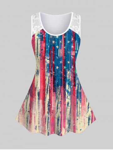 Débardeur avec Empiècements en Dentelle Motif Drapeau Américain Patriotique Grande-Taille - BLUE - 5X | US 30-32
