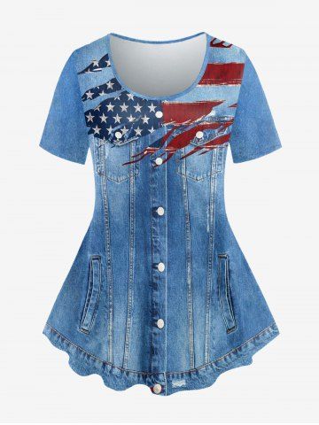 Plus Size 3D Jeans American Flag Printed Short Sleeves Patriotic Tee - BLUE - 2X | US 18-20