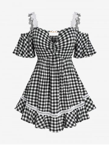 Camiseta de Cuedros en Talla Extra con Hombros Al Aire de Panel con Encaje - BLACK - 3X | US 22-24