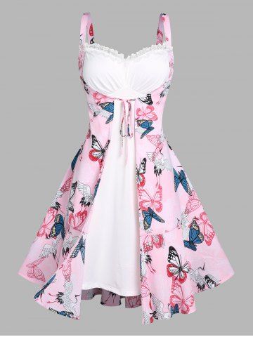 Plus Size Butterfly Print Lace Panel Frilled 2 In 1 Midi Dress - LIGHT PINK - 4X | US 26-28