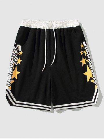 Letter Stars Mesh Sports Shorts - BLACK - M