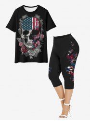 Gothic Patriotic American Flag Skull Rose Print T-shirt And Gothic American Flag Butterfly Print Capri Leggings Gothic Outfit -  