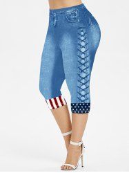 Plus Size 3D Jeans Lace-up American Flag Printed Patriotic Capri Leggings -  