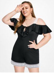 Plus Size Guipure Lace Panel Ruffled Cold Shoulder Romper -  