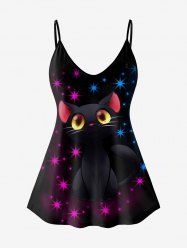 Plus Size Cat Print Glitter Cami Top -  