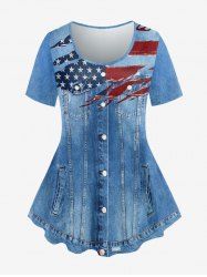 Plus Size 3D Jeans American Flag Printed Short Sleeves Patriotic Tee -  