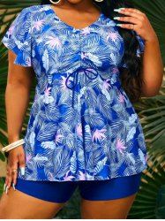 Plus Size Tropical Leaf Print Padded Cinched Boyleg Modest Swimsuit -  
