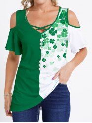 Two Tone Four Leaves Print Cold Shoulder Short Sleeve T-shirt -  