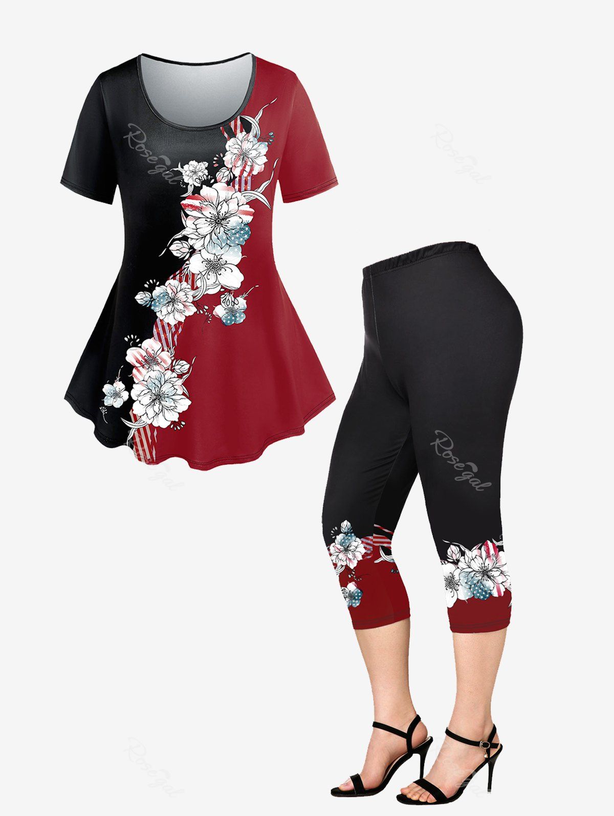 New Flower Star Stripes Printed Patriotic Tee and American Flag Printed Leggings Plus Size Summer Matching Set  