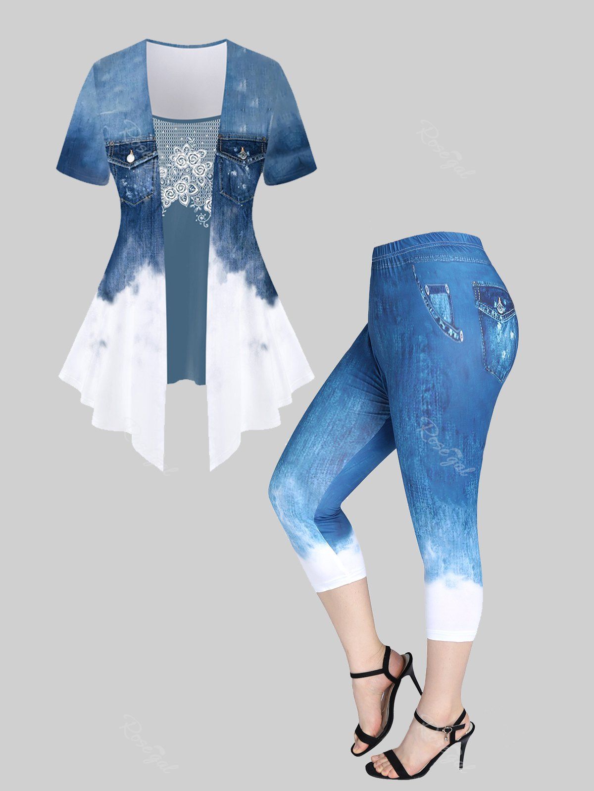 Store 3D Jeans Printed Ombre Twofer Tee and Leggings Plus Size Summer Matching Set  