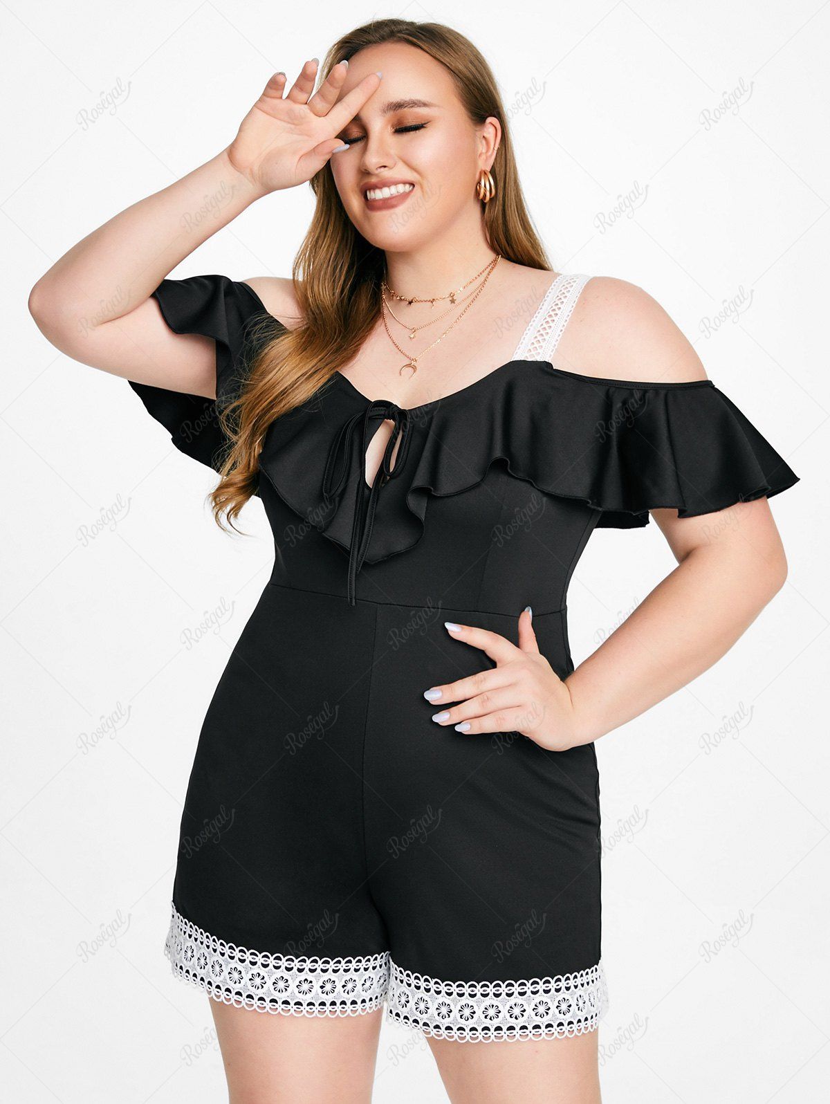 Buy Plus Size Guipure Lace Panel Ruffled Cold Shoulder Romper  