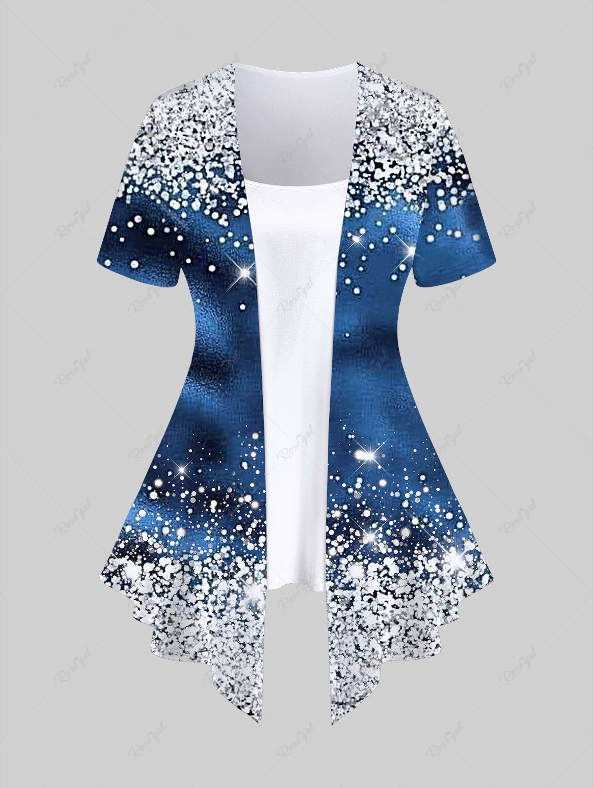 Latest Plus Size Sparkly Print Asymmetrical 2 In 1 Top  