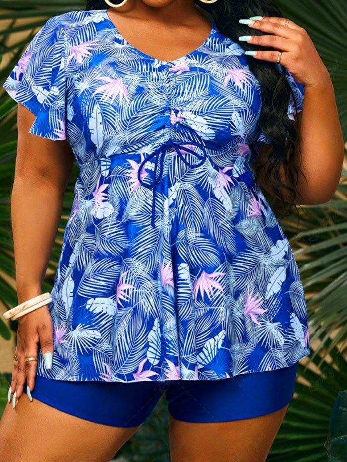 New Plus Size Tropical Leaf Print Padded Cinched Boyleg Modest Swimsuit  