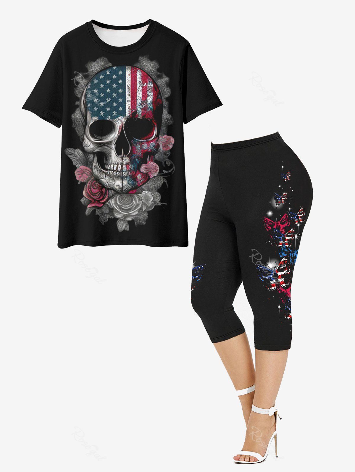 Online Gothic Patriotic American Flag Skull Rose Print T-shirt And Gothic American Flag Butterfly Print Capri Leggings Gothic Outfit  