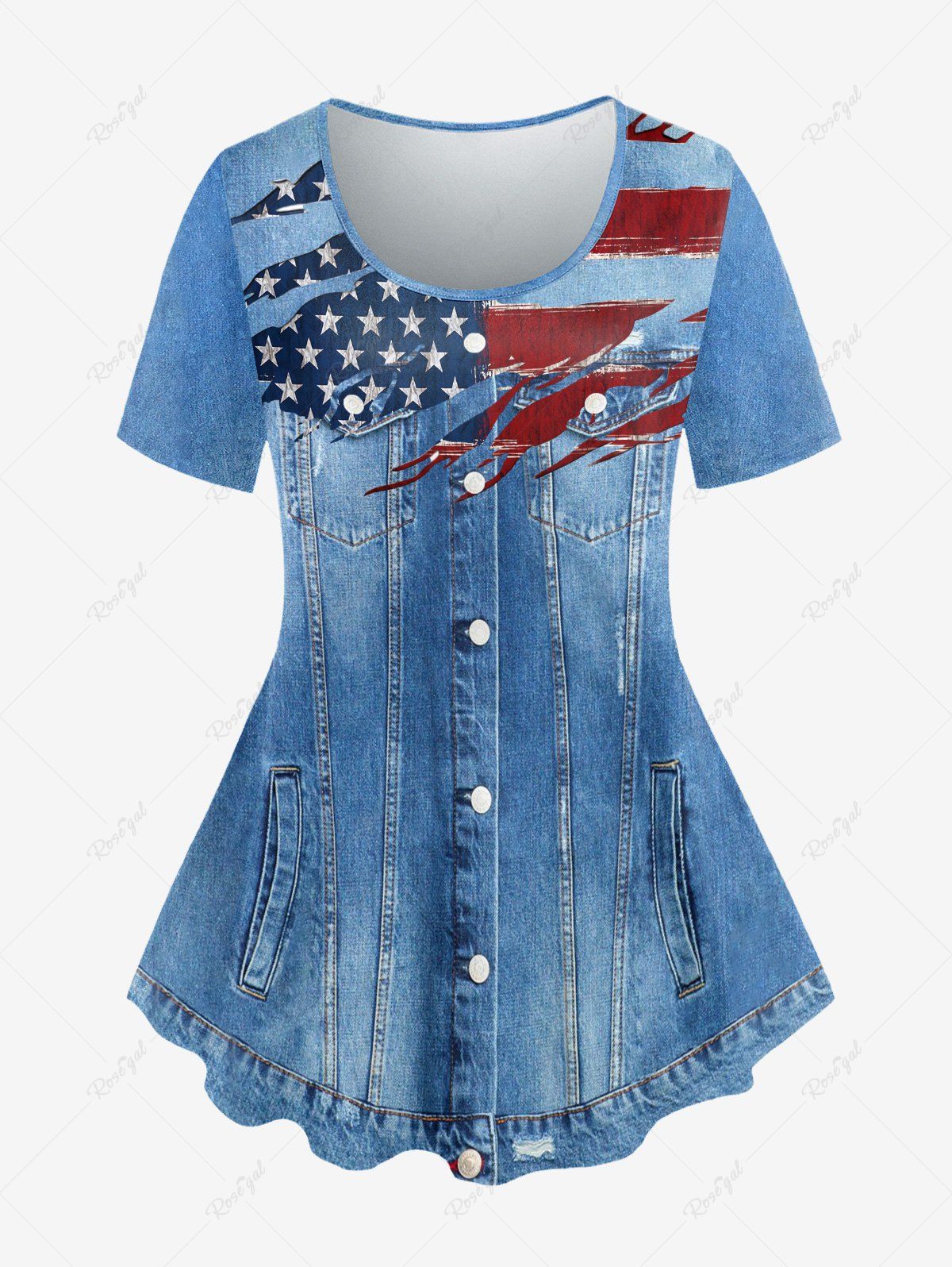 Affordable Plus Size 3D Jeans American Flag Printed Short Sleeves Patriotic Tee  