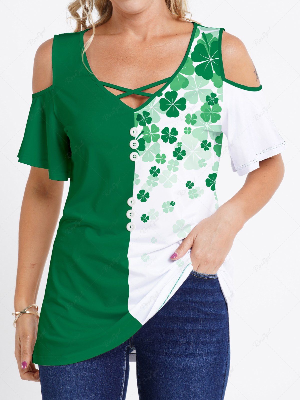 Latest Two Tone Four Leaves Print Cold Shoulder Short Sleeve T-shirt  