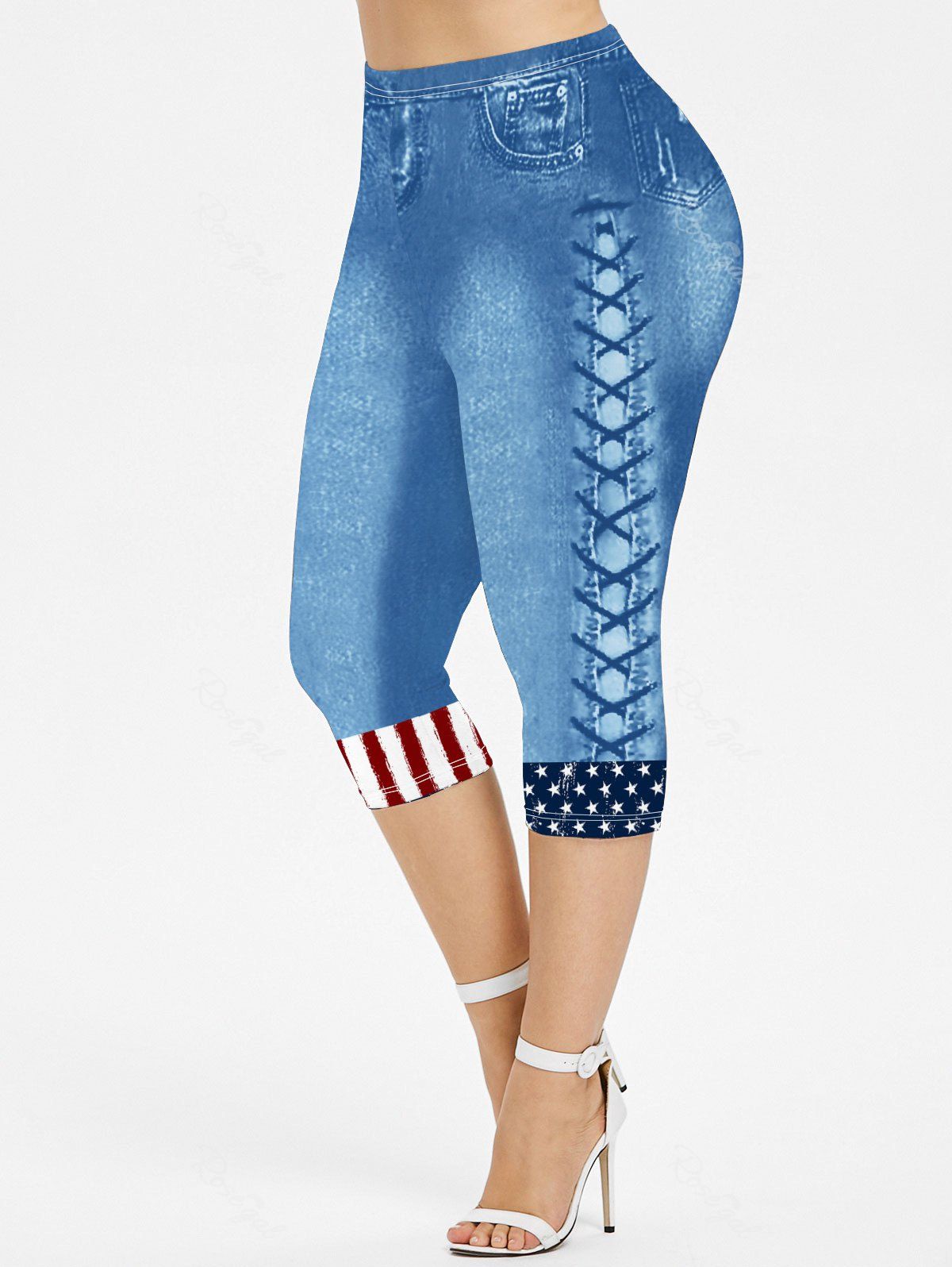Cheap Plus Size 3D Jeans Lace-up American Flag Printed Patriotic Capri Leggings  