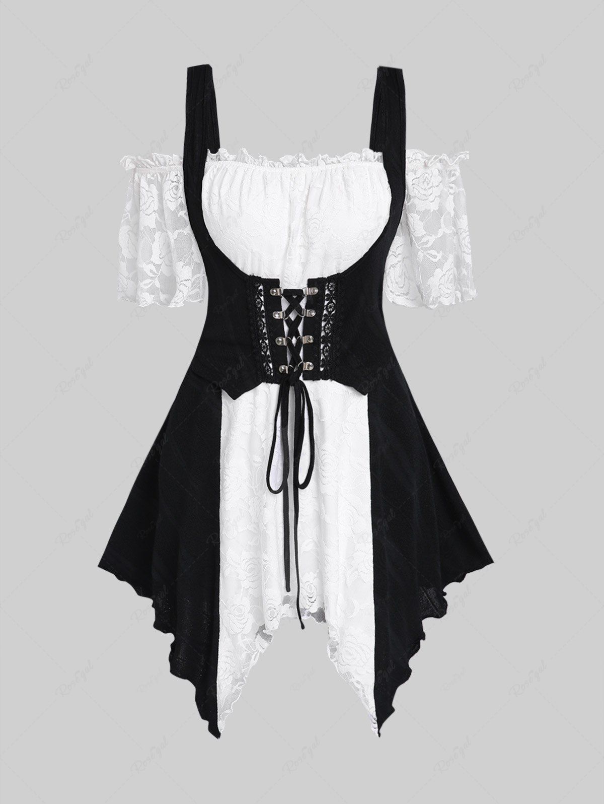 Outfits Gothic Lace Panel Two Tone Lace-up Asymmetrical Hem Cold Shoulder Top  