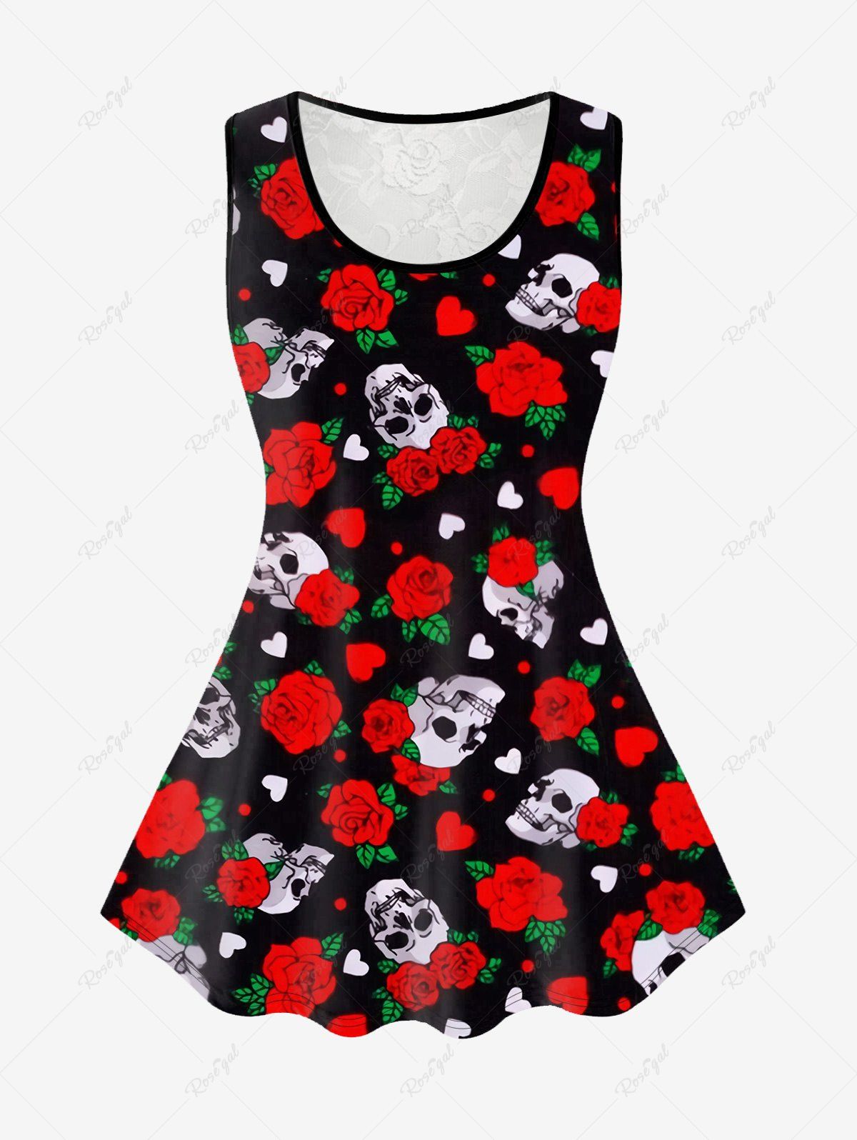Fancy Gothic Skull Rose Heart Print Lace Panel Tank Top  