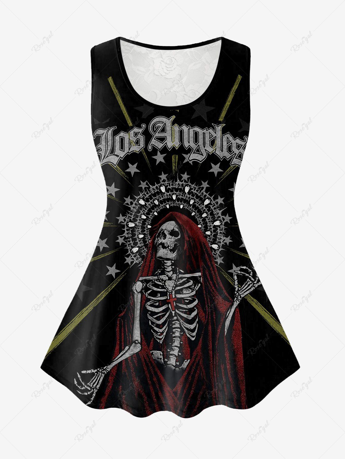 Fashion Gothic Skeleton Los Angeles Graphic Lace Panel Tank Top  