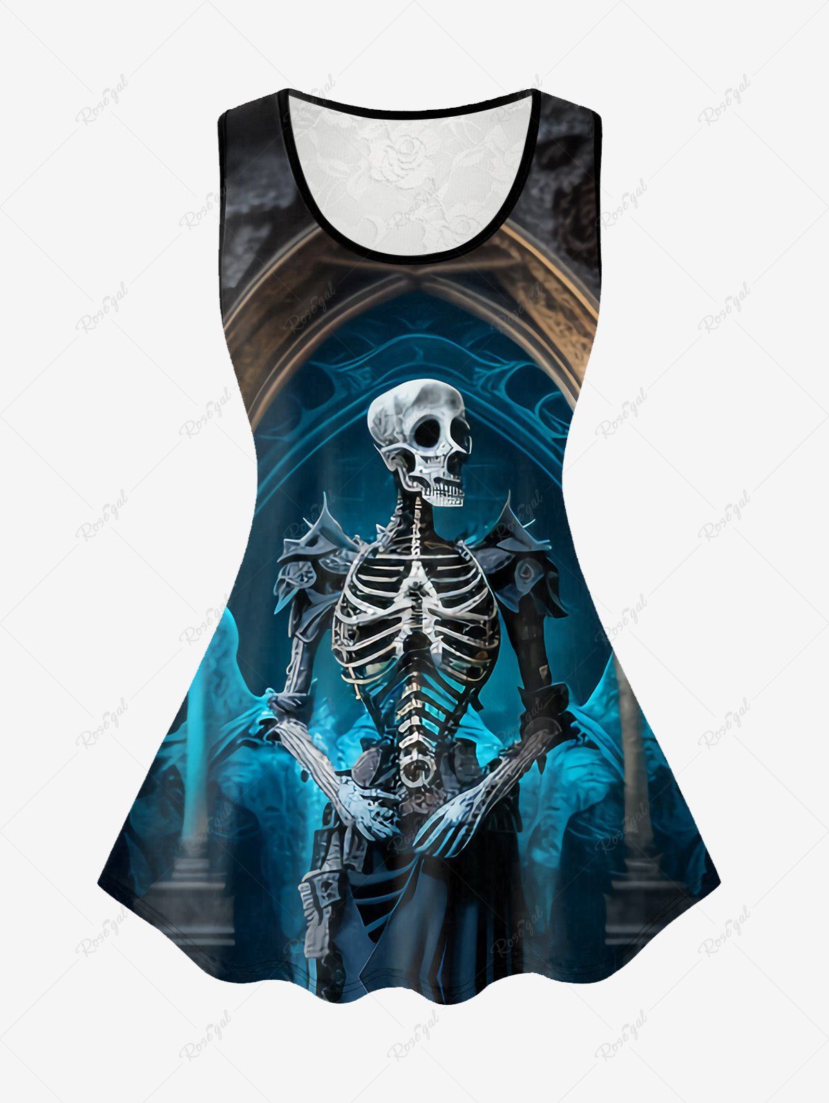 Trendy Gothic Vintage Skeleton Print Lace Panel Tank Top  