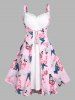 Plus Size Butterfly Print Lace Panel Frilled 2 In 1 Midi Dress -  