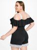 Plus Size Guipure Lace Panel Ruffled Cold Shoulder Romper -  