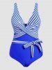 Maillot de Bain Une-Pièce Matelassé Croisé Rayé Contrasté Imprimé de Grande Taille - Bleu 4XL