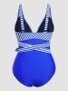 Maillot de Bain Une-Pièce Matelassé Croisé Rayé Contrasté Imprimé de Grande Taille - Bleu 4XL