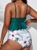 Ensemble Bikini de Bain Tankini à Imprimé Feuille Fleur Plongeant à Volants de Grande Taille - Vert profond 3XL