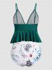 Ensemble Bikini de Bain Tankini à Imprimé Feuille Fleur Plongeant à Volants de Grande Taille - Vert profond 3XL