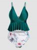 Ensemble Bikini de Bain Tankini à Imprimé Feuille Fleur Plongeant à Volants de Grande Taille - Vert profond 3XL