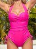 Vacation Twisted Padded Cinched Ruched Halter One-piece Swimsuit -  